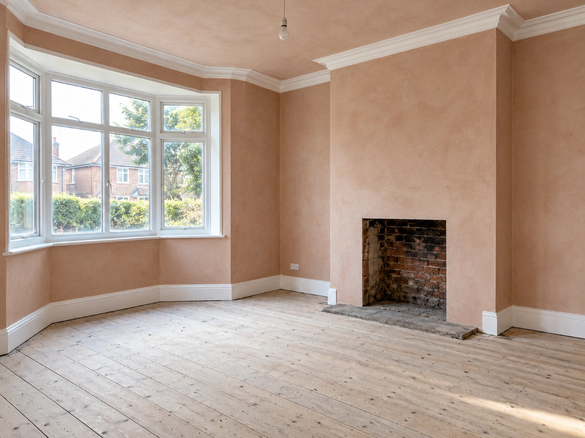 The same room after plastering, with smooth, even walls and ceiling ready for decoration