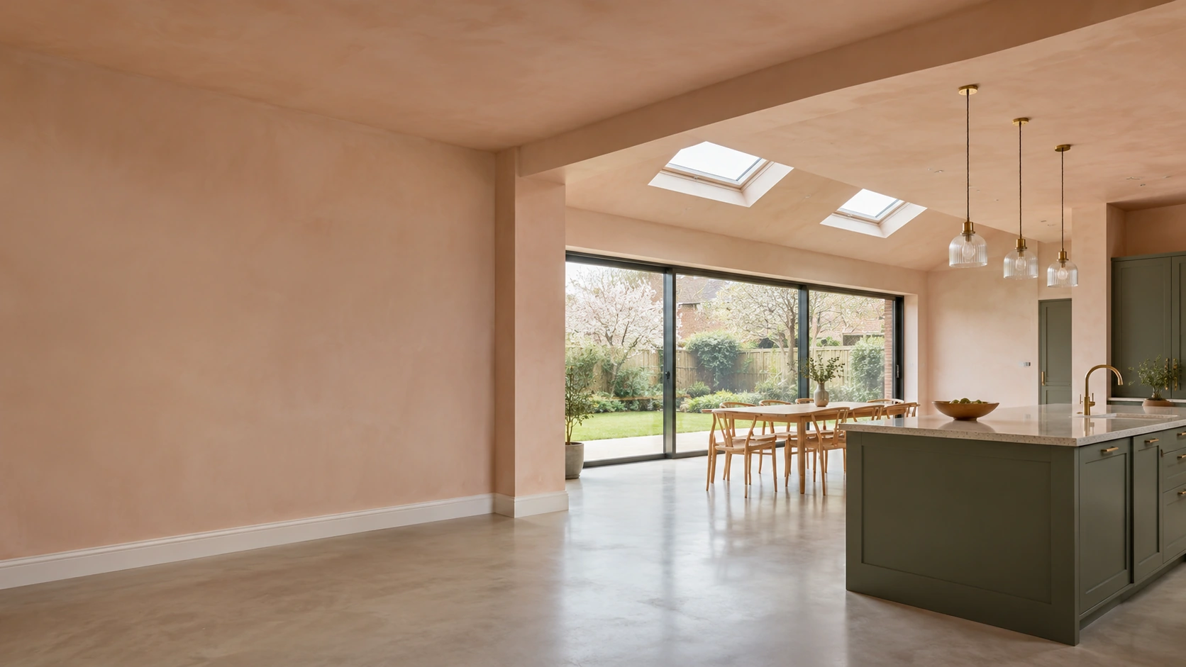 Bright open-plan kitchen and dining extension with smooth, freshly plastered walls and ceiling, rooflights and sliding doors to the garden
