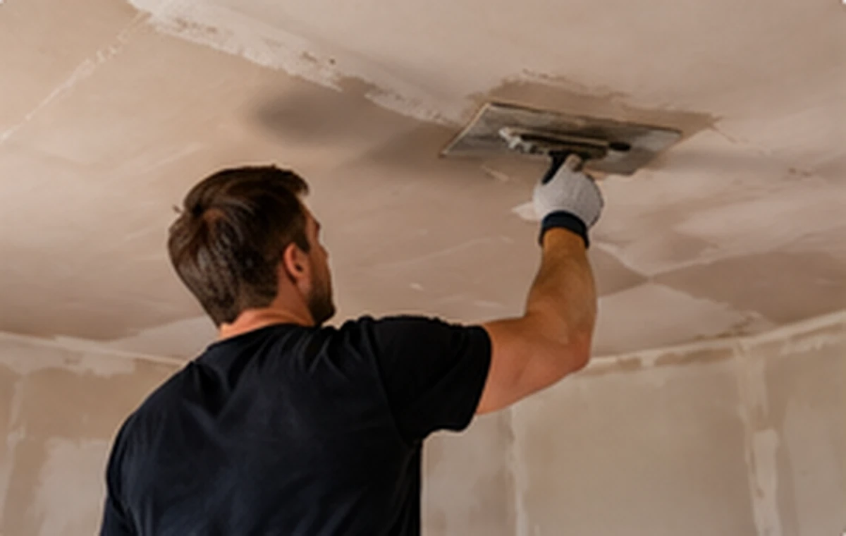 Plasterer finishing a ceiling