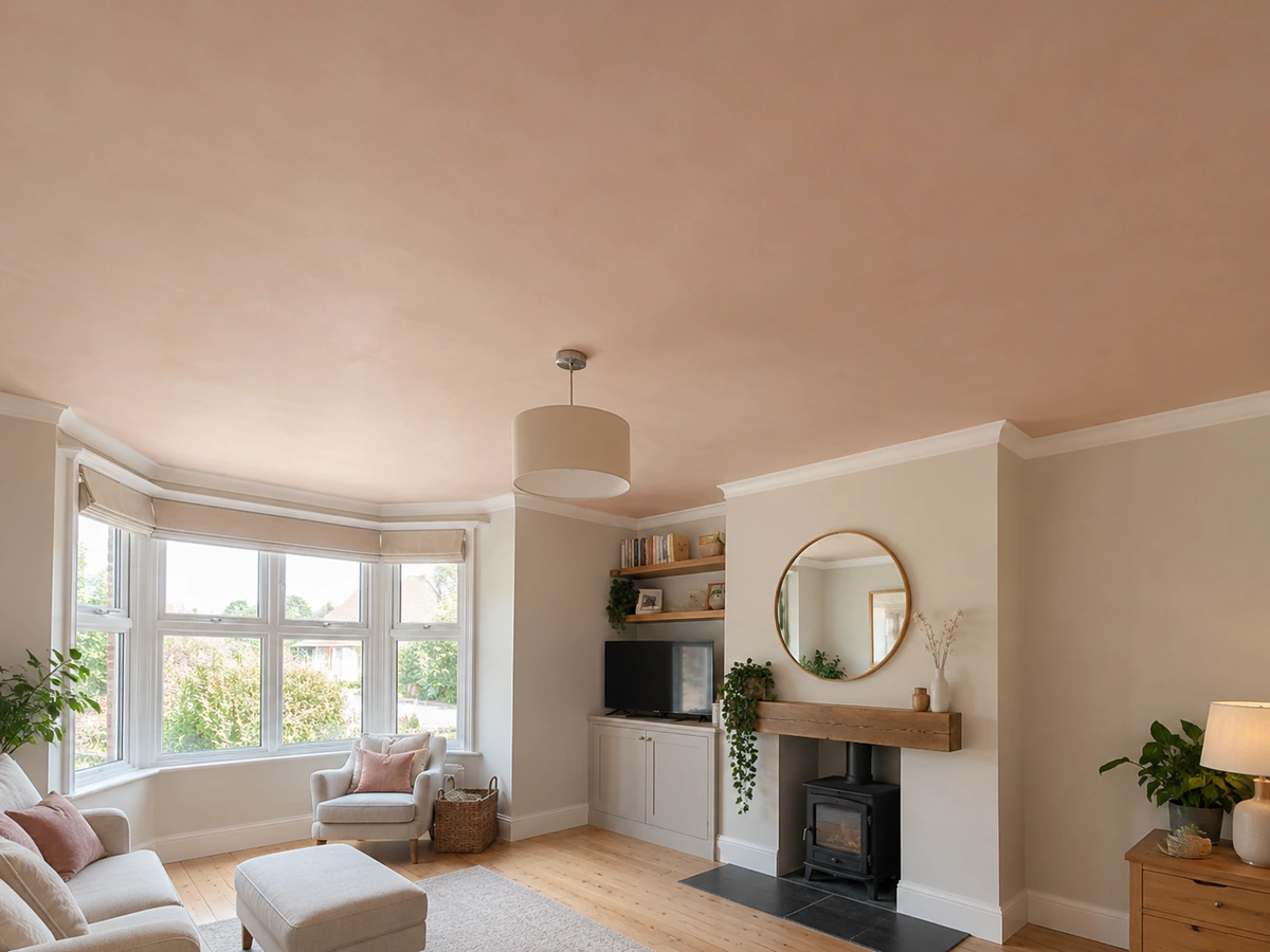 Smooth, evenly finished ceiling in a living room with a bay window